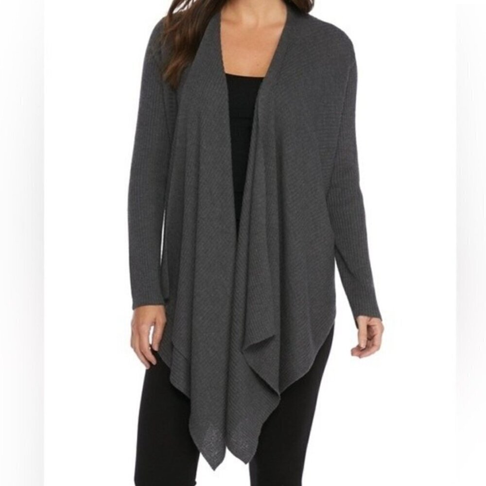 NWOT Eileen Fisher Womens Angle Front Ribbed Waterfall Cardigan Gray Size Small